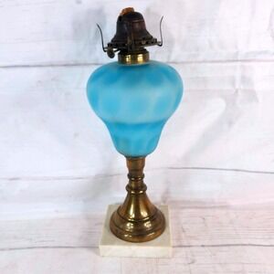Antique Oil Lamp Blue Frosted Glass Brass Marble Square Base